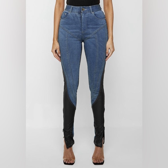 Maniere De Voir Denim - Vegan Leather Contour Skinny Jeans - Blue and Black